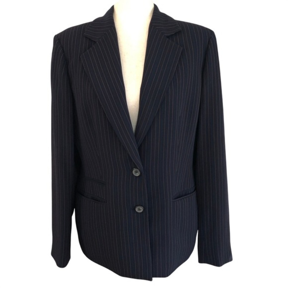 Kasper Pinstripe Blazer 12 Navy Blue Gold‎ 2 Button Career Office Corpcore